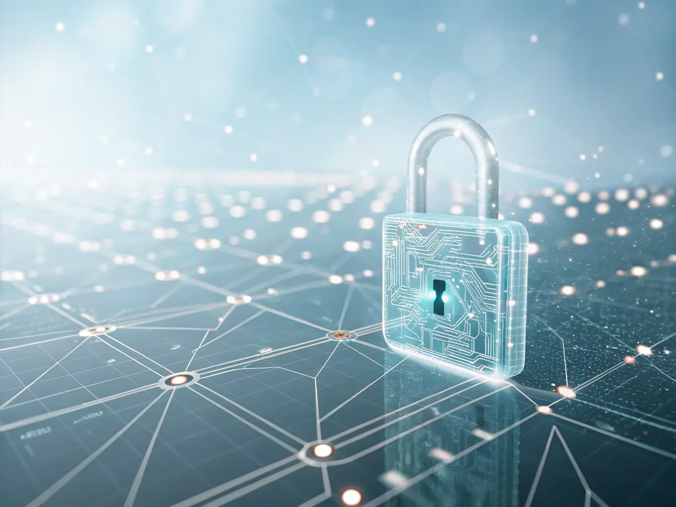 An illustration of a secure digital lock over a healthcare data network, emphasizing Charti's Data Security & Compliance.